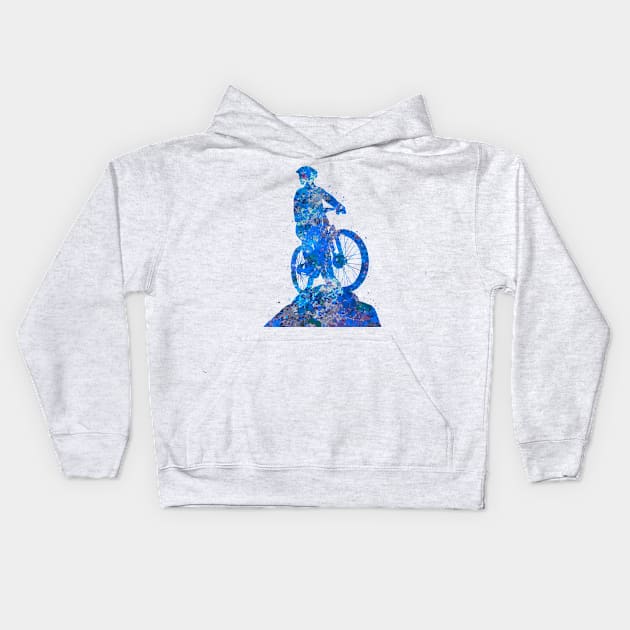 Downhill mountain biker blue art Kids Hoodie by Yahya Art